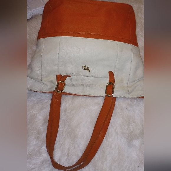 Emma Fox Colorblock Shoulder Bag. Goldtone Hardware. Double Sided. Logo. Orange. - Picture 11 of 13